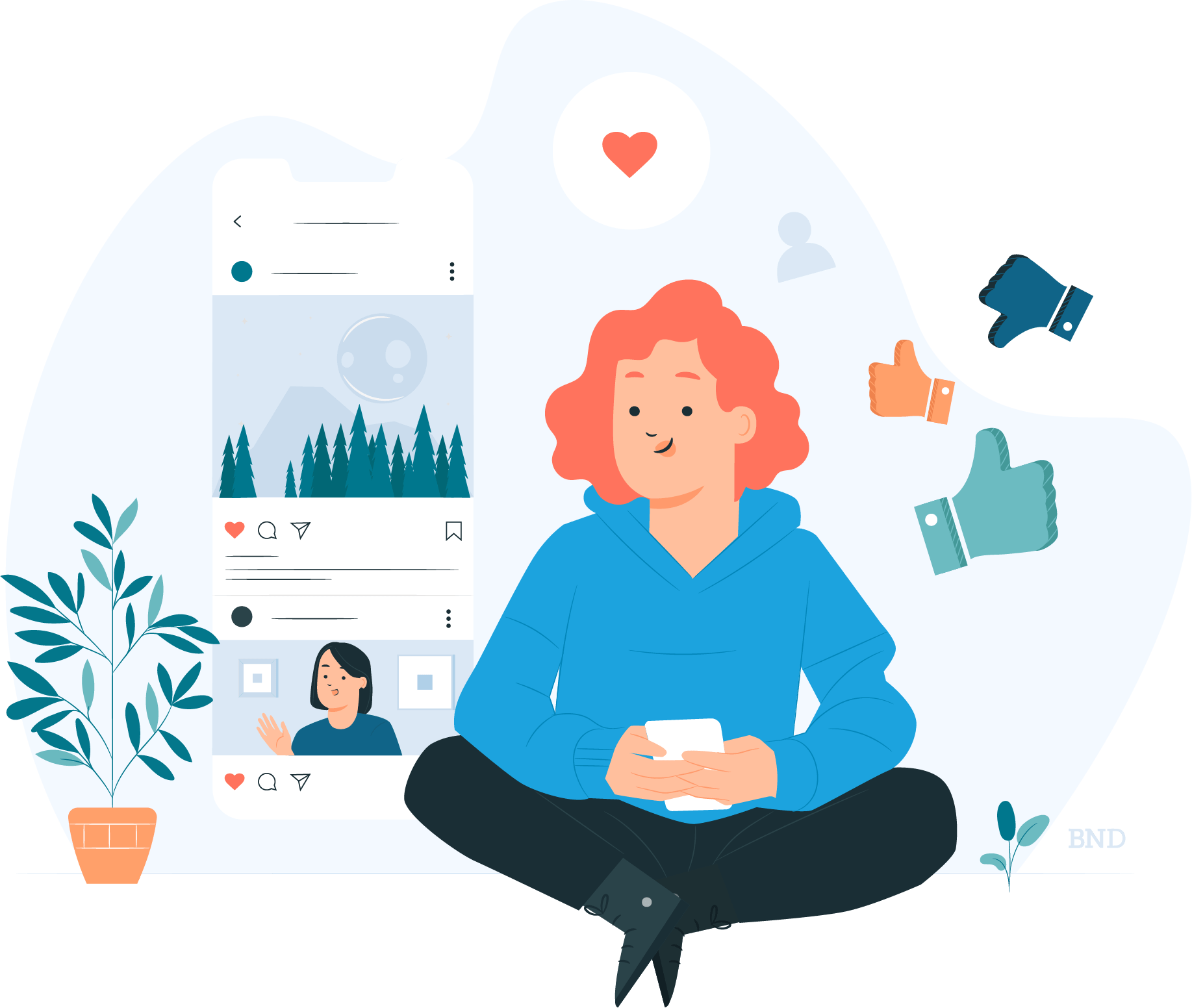graphic of person next to social media screens and like icons