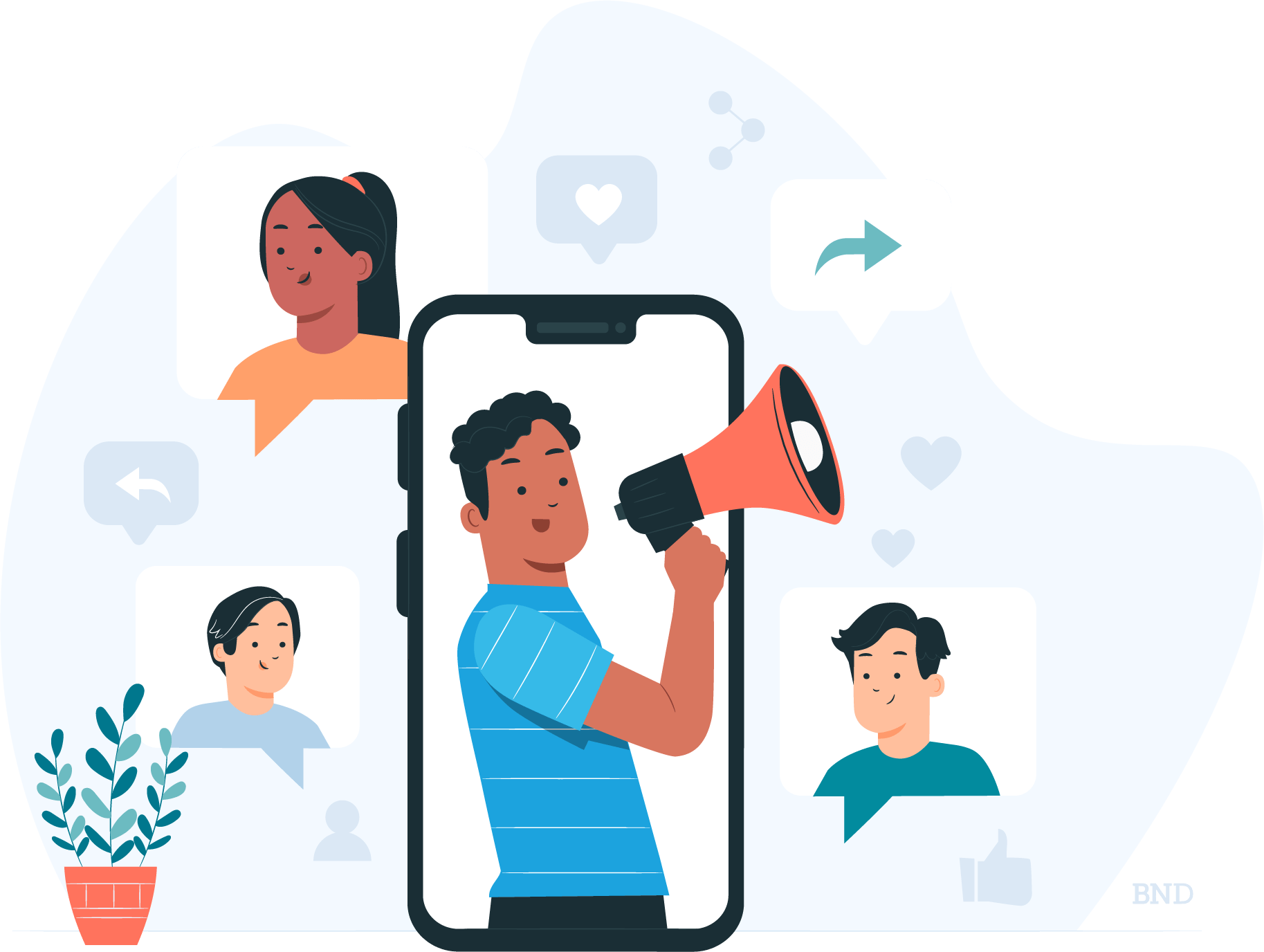 graphic of a person coming out of a mobile phone holding a megaphone