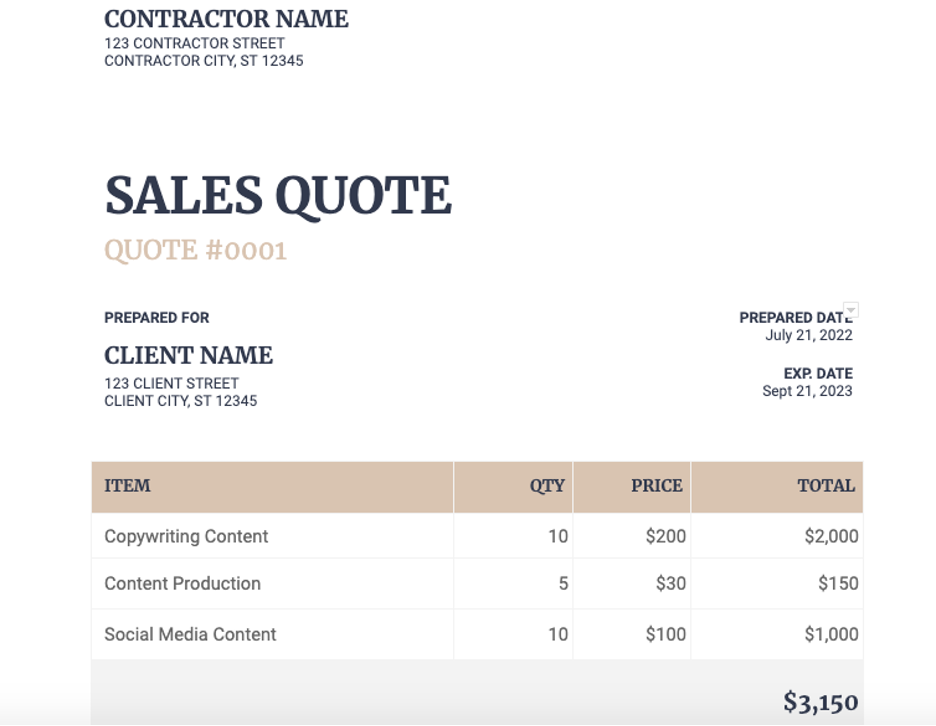 Sales quote example