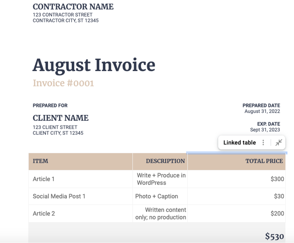 August invoice example