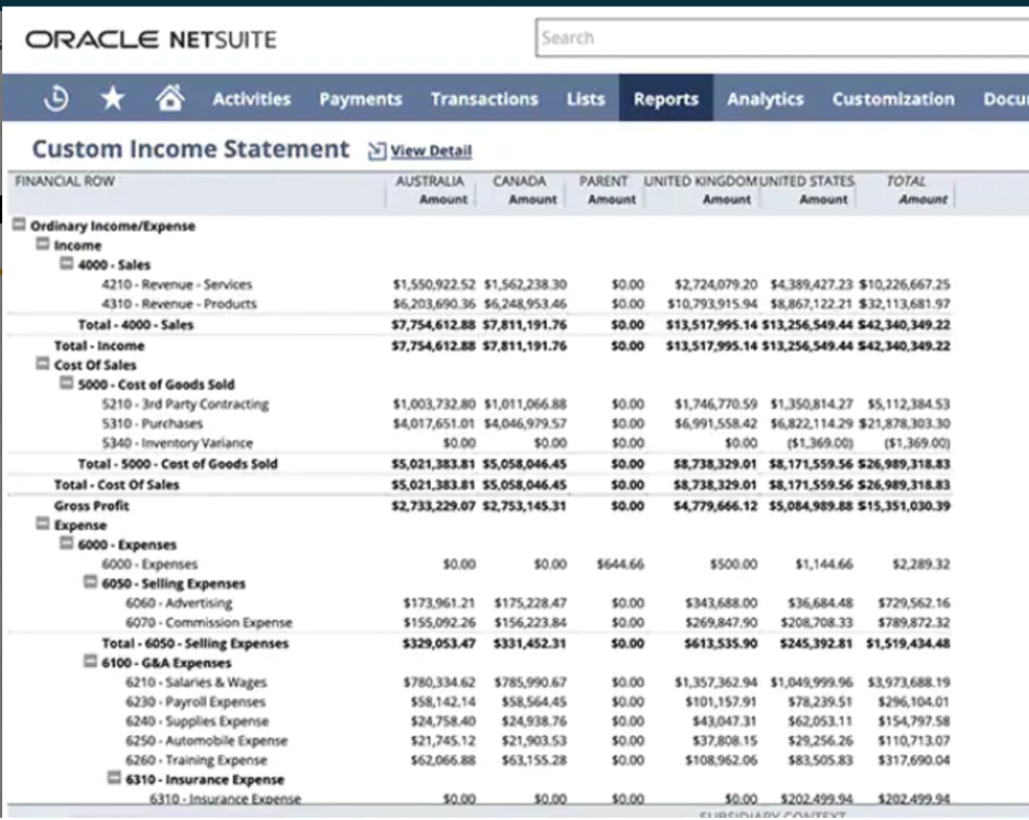 Oracle Netsuite income statement