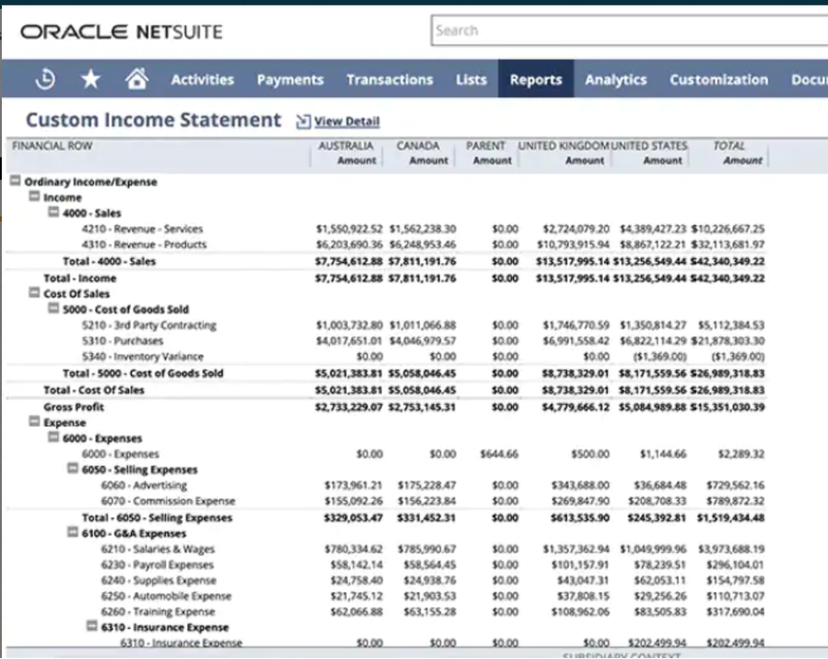 Oracle Netsuite custom income statement