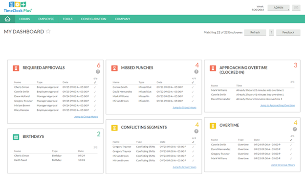 TimeClock Plus personalized dashboard