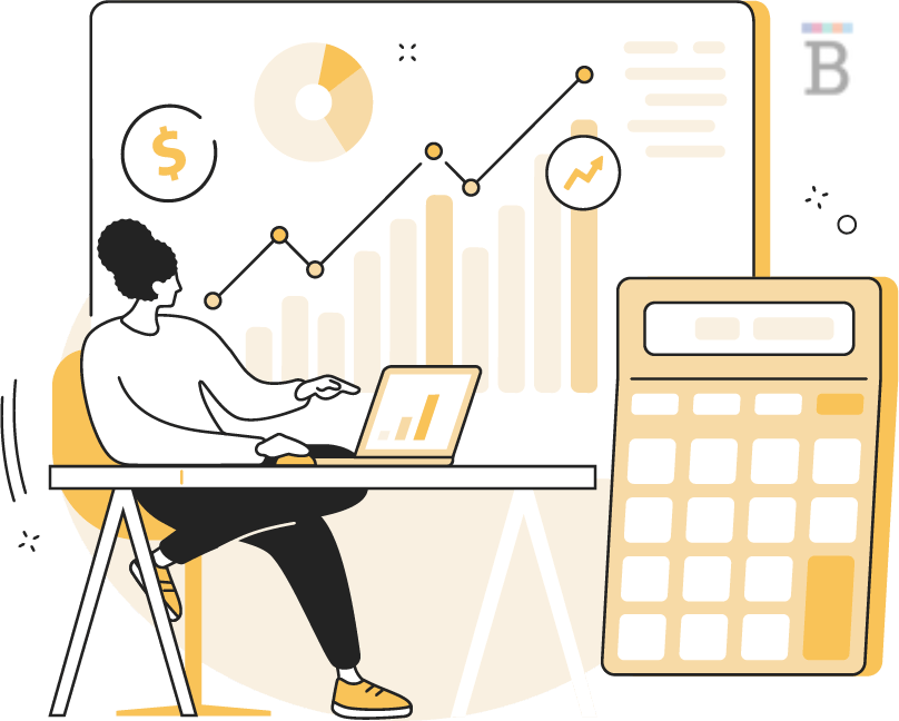 graphic of a person at a laptop next to a series of graphs and charts