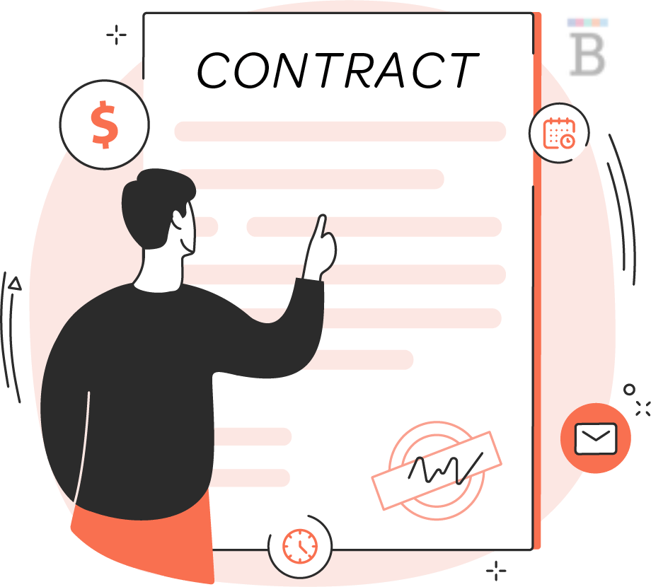 graphic of a person pointing to an oversized contract