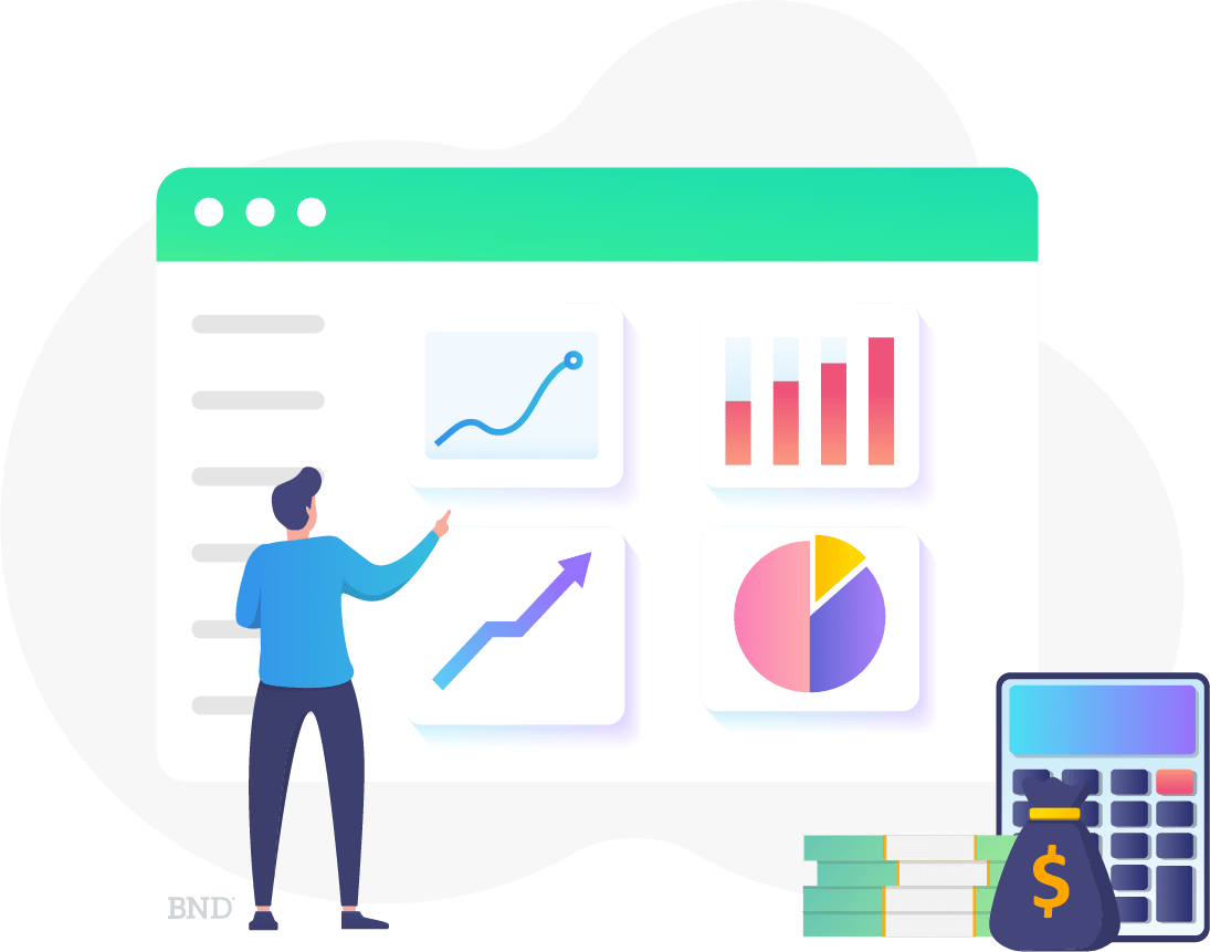 graphic of person standing in front of charts