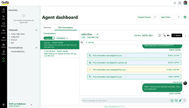 GoTo Contact Center agent dashboard