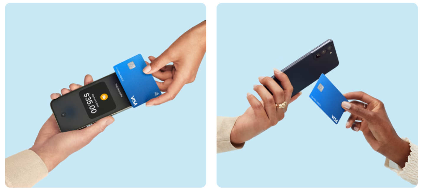 Hands making a contactless payment with a Square device on a smartphone