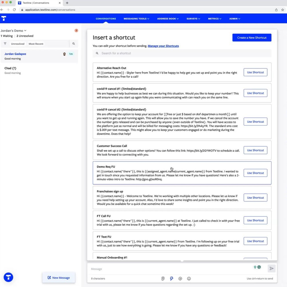 Textline shortcuts