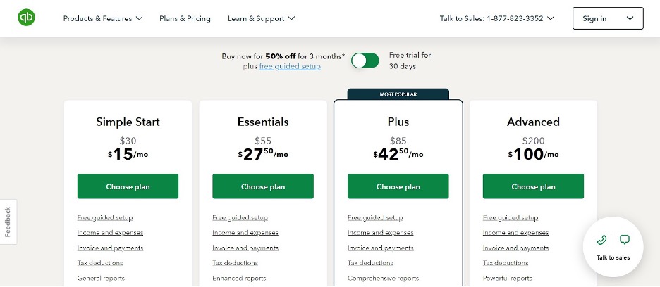 Quickbooks pricing table