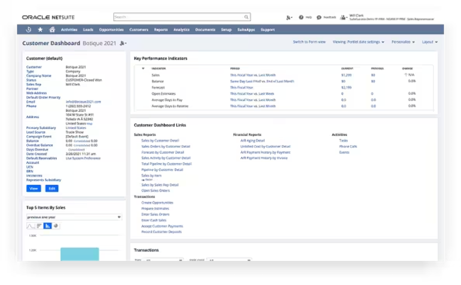 Netsuite customer dashboard