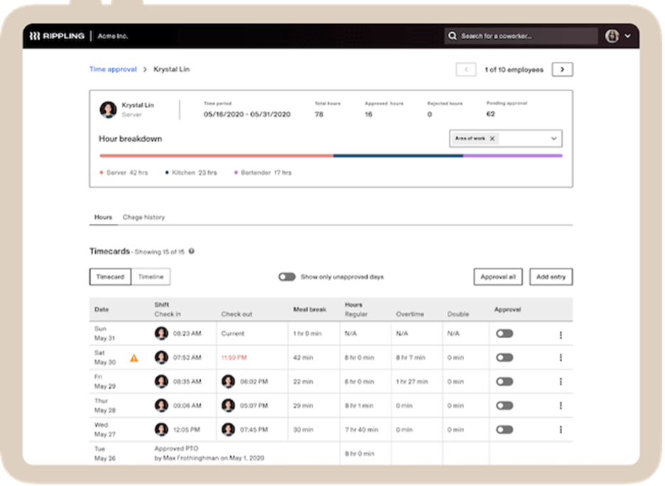 Rippling time-tracking data